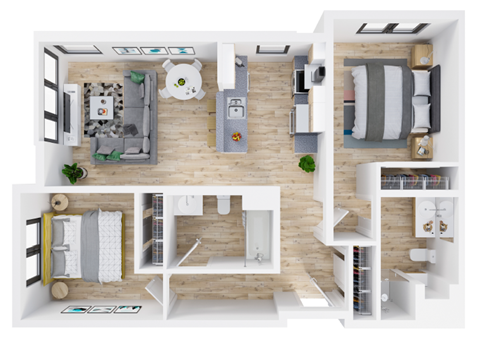 Floor plan for 2 beds, 2 baths, 1030 sqft